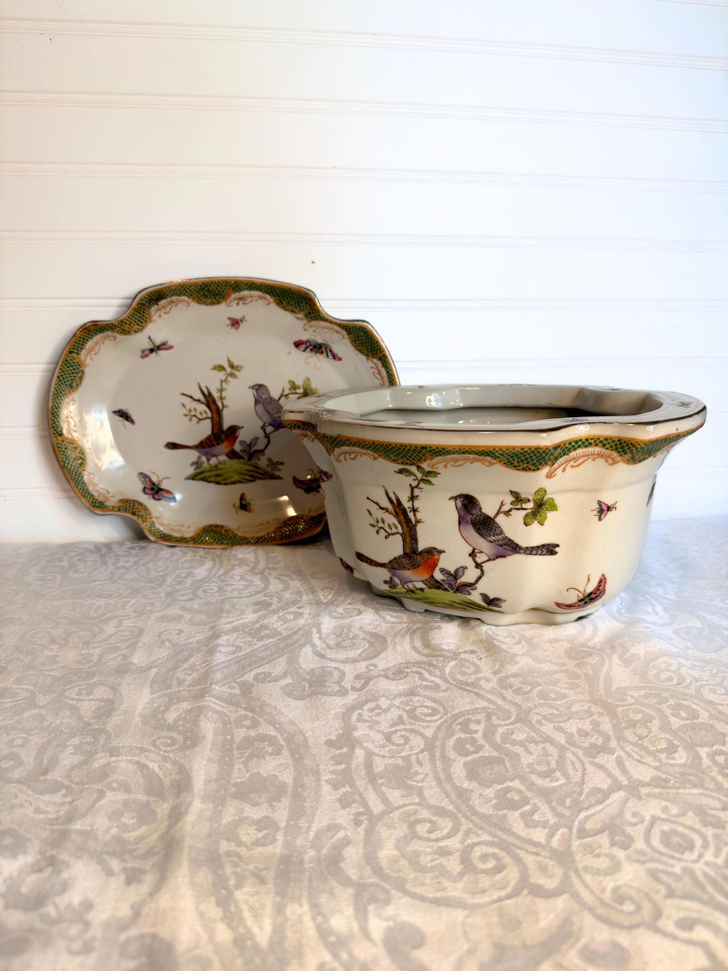 Porcelain Birds & Butterfly Planter with Plate