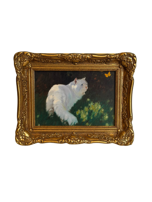 Framed White Cat & Butterfly Print