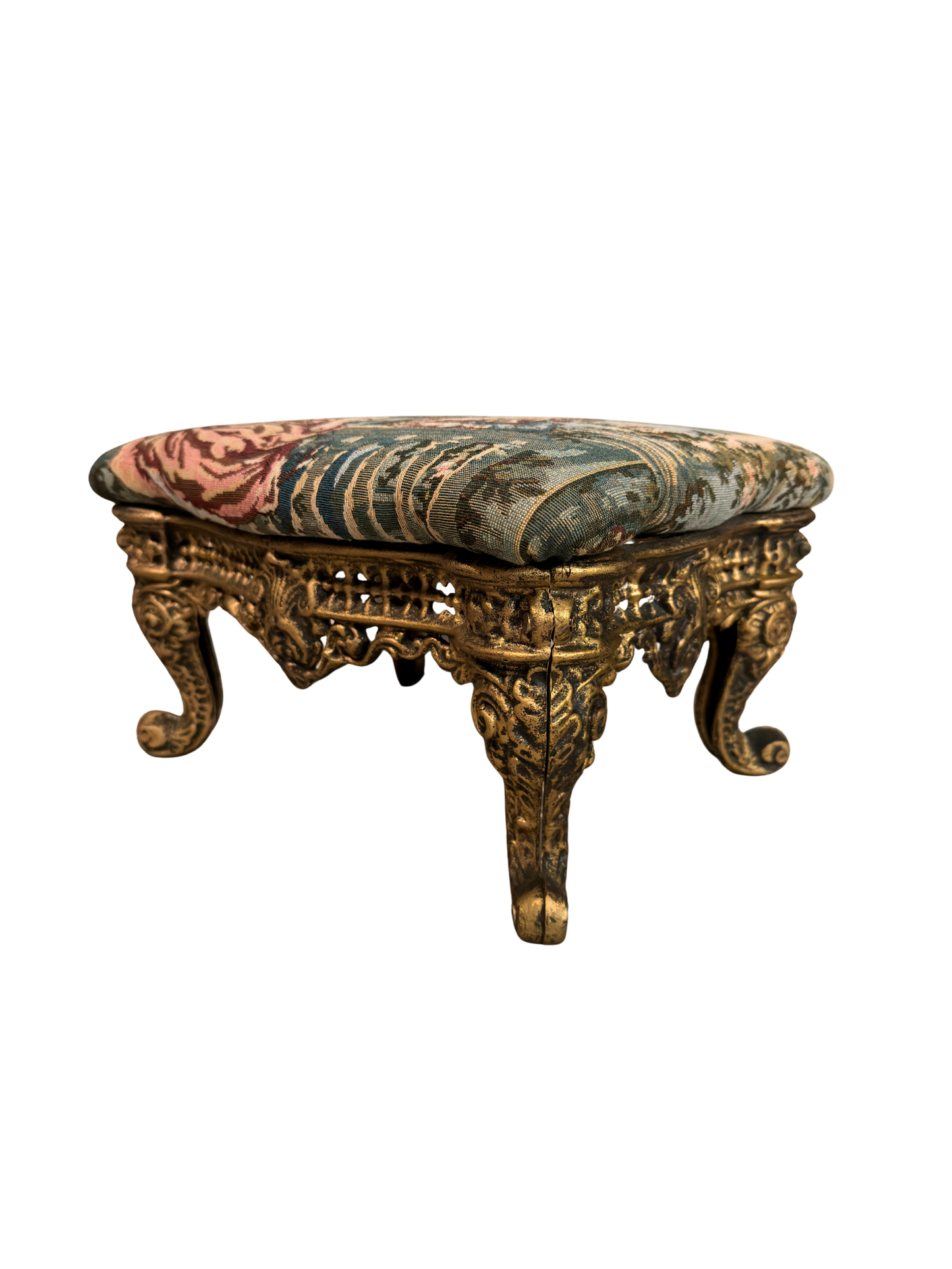 Victorian Cast Iron Footstool with Vintage Tapestry Fabric