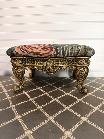 Victorian Cast Iron Footstool with Vintage Tapestry Fabric