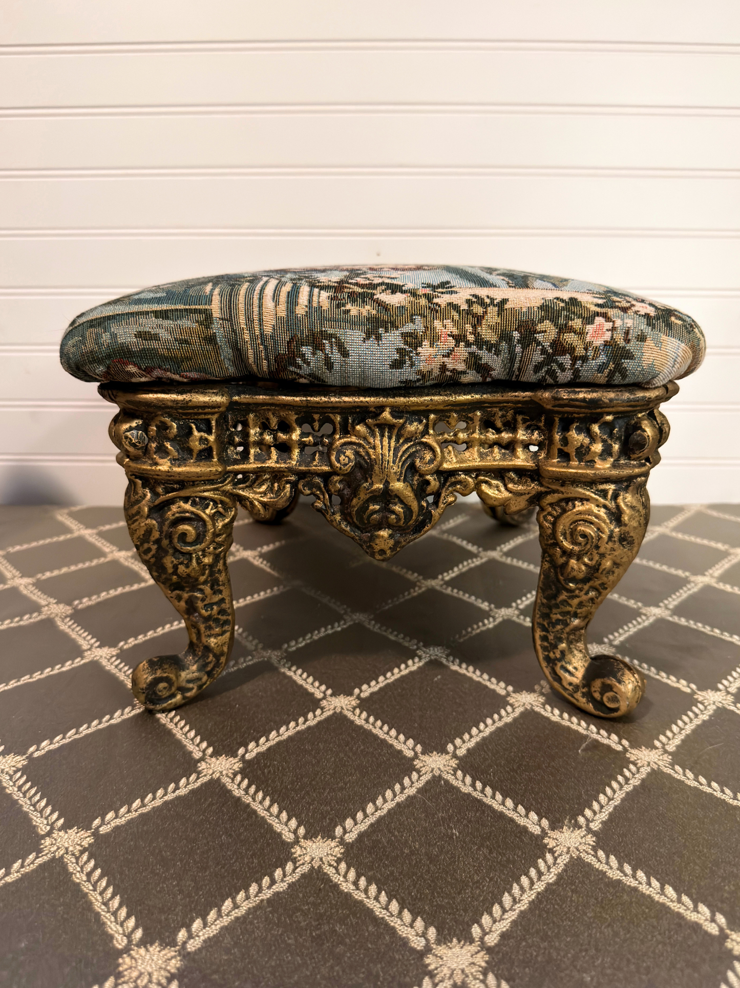 Victorian Cast Iron Footstool with Vintage Tapestry Fabric