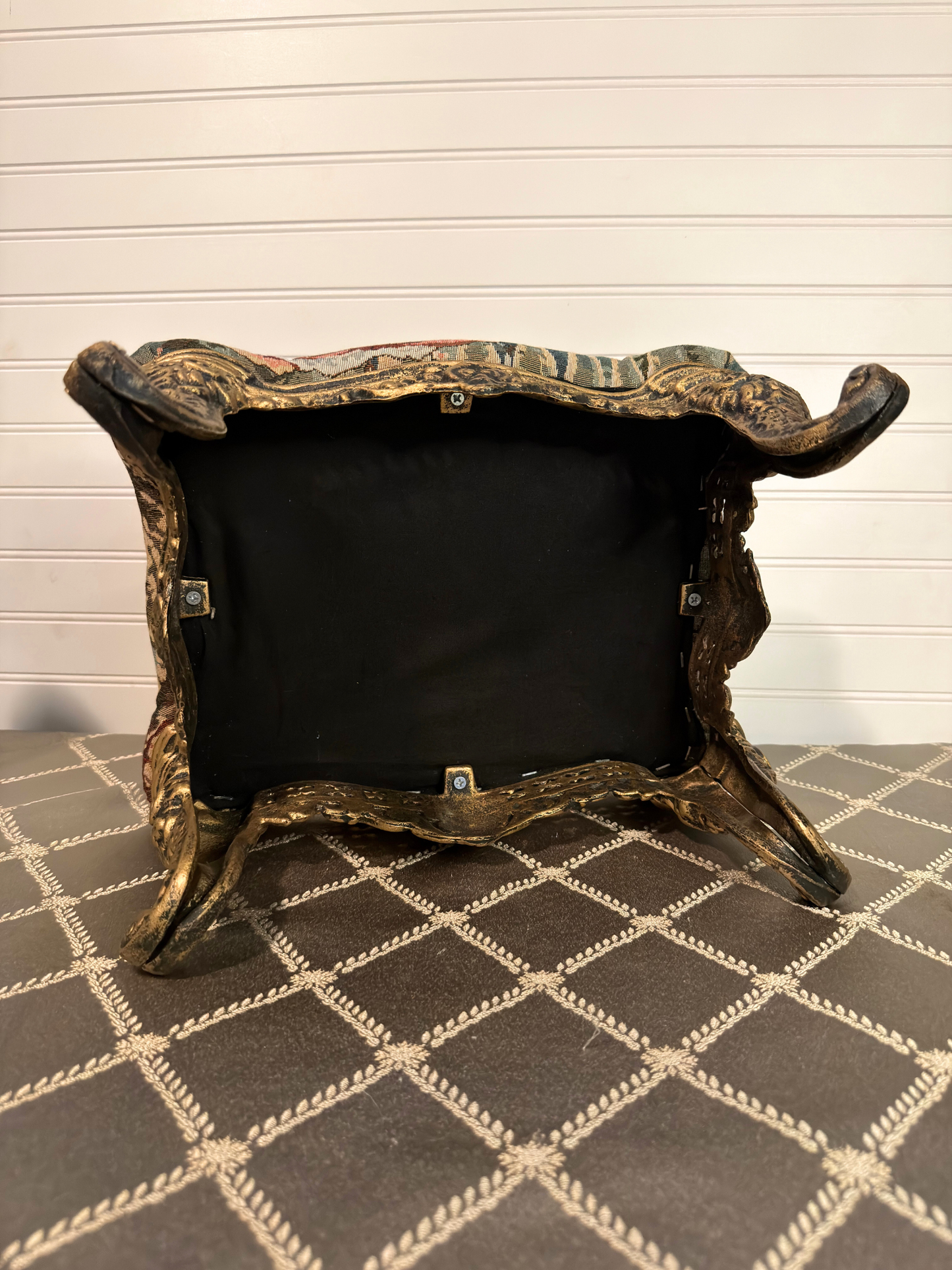 Victorian Cast Iron Footstool with Vintage Tapestry Fabric