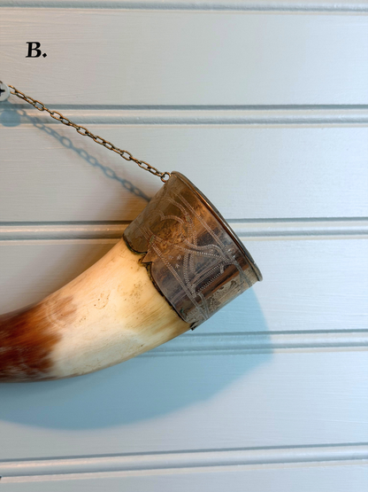 Wine Drinking Horns with Silver Bird Faces Wall Decor