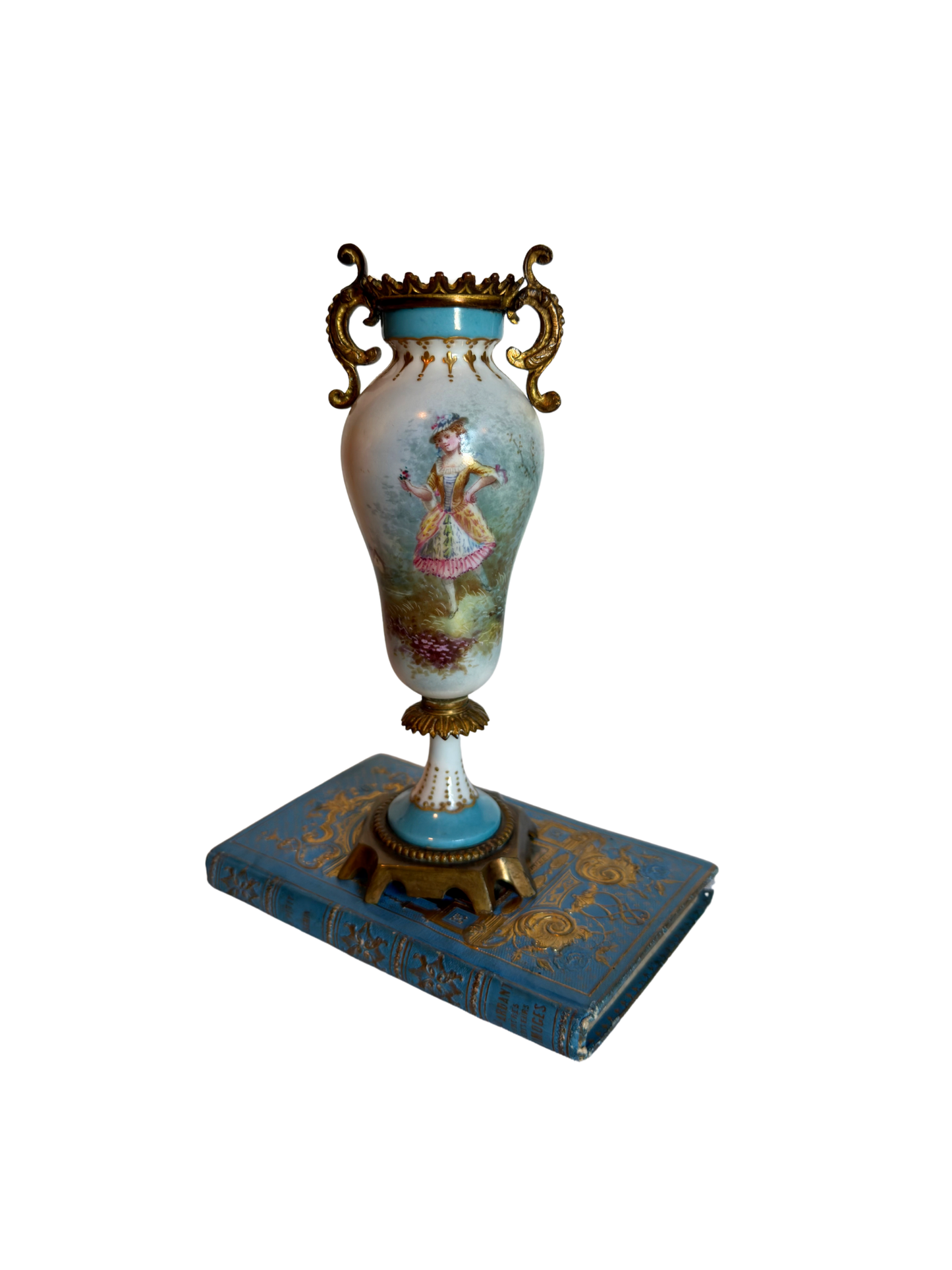 Decorative porcelain and bronze  vase with a painted lady on a white background