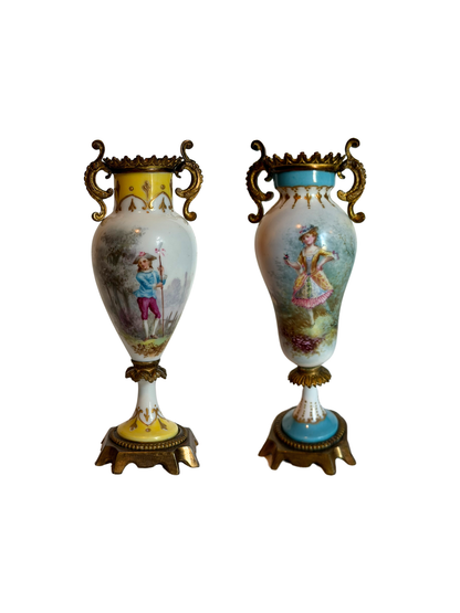 Hand Painted Porcelain & Bronze Bud Vases